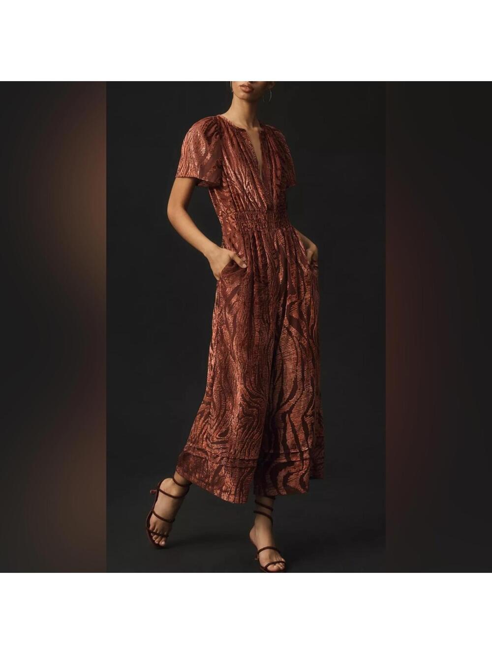Anthropologie Burgundy Burnout Textured Jumpsuit Sz Sm EUC
